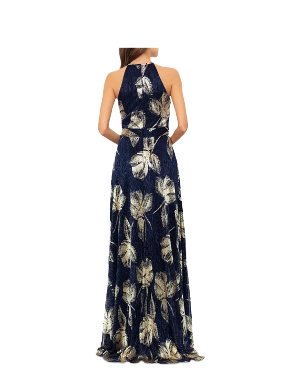 Bloomingdale's Womens Aqua Floral Print Foil Halter Gown Size 10 Navy, Gold NWT - Picture 2 of 10